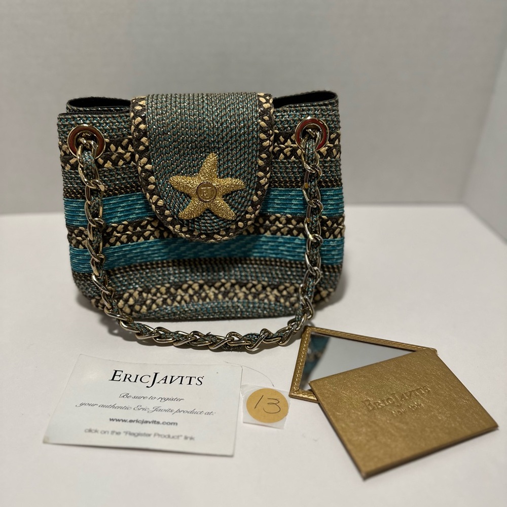 Eric Javits Blue and Tan Mini Bag with Gold Accents